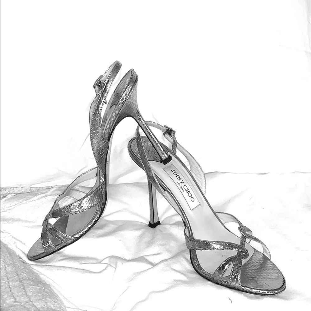 Jimmy Choo Silver Snakeskin Strappy Sandals 39.5